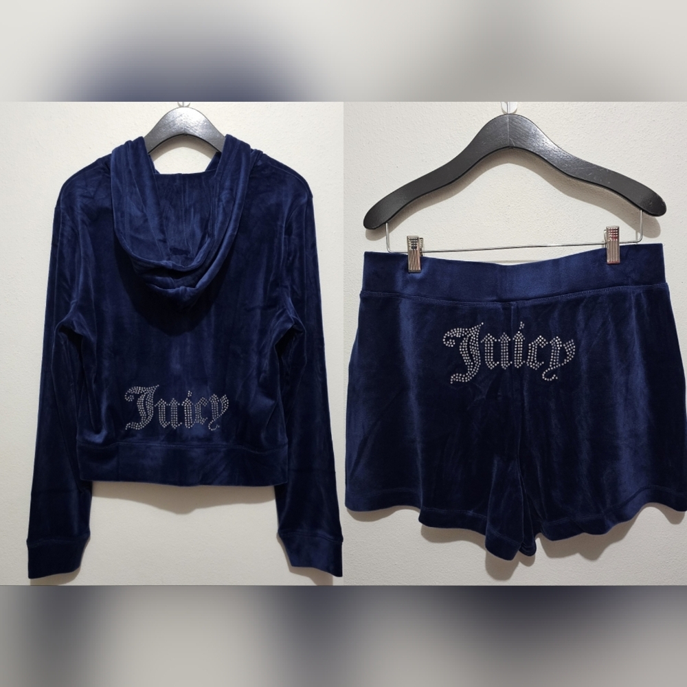 Juicy Couture Navy Velour Hoodie & Shorts Set with Rhinestone Juicy Logo Sz L - Picture 1 of 7